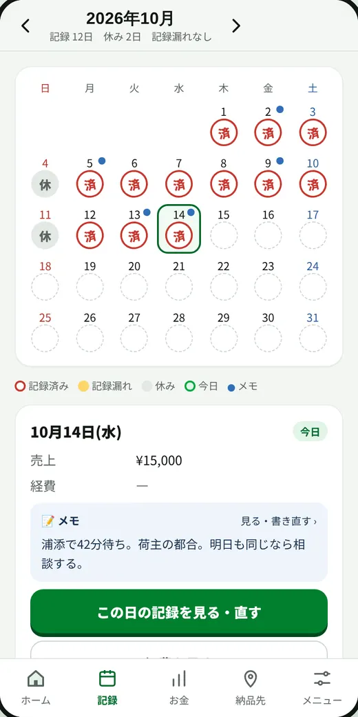 記録のスタンプ帳。記録した日に判子