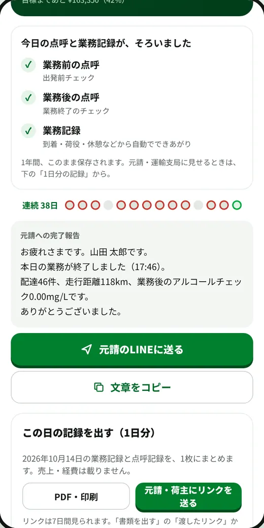 業務終了の完了。走行距離・拘束時間・今日の売上・今月の手取り