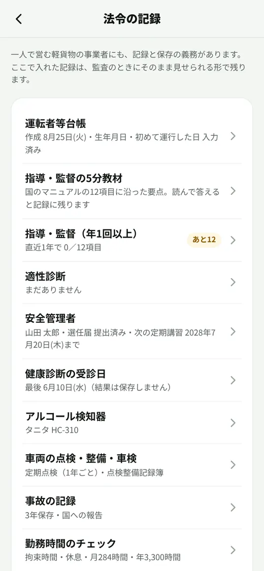 法令の記録の一覧。運転者等台帳・指導監督・適性診断・安全管理者・健康診断・アルコール検知器
