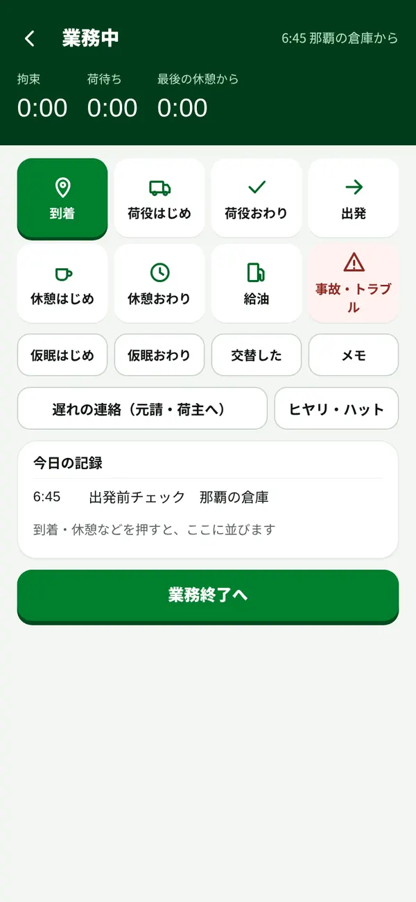 業務中の画面。到着・荷役・休憩・出発のボタン